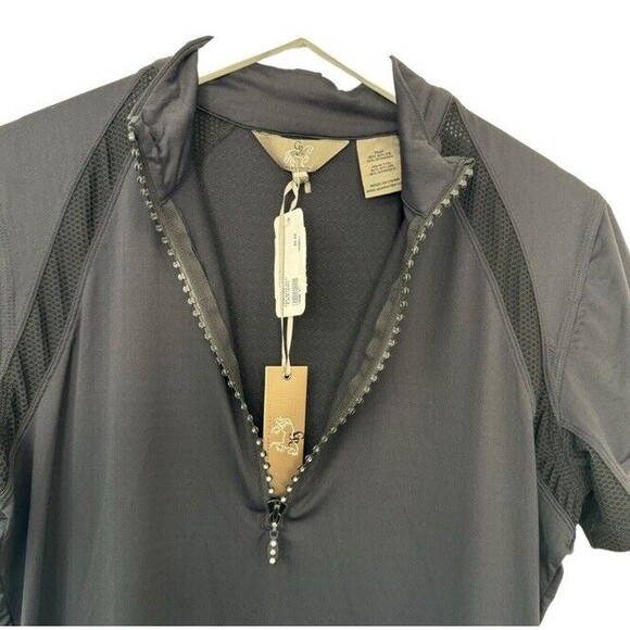 Goode Rider Lux Henley Zipper Shirt Black Rhinestone Short Sleeve Mesh Large NEW - Picture 5 of 9